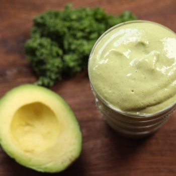 Overhead photo of a weight loss smoothie made with coffee and avocado