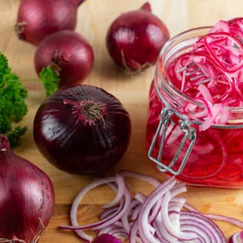 Overhead photo of pickled red onions